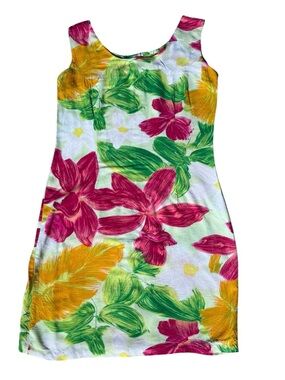 Jams World Orchadia Sun Dress Pink Green Tropical Hawaiian Rayon Back Vent XS